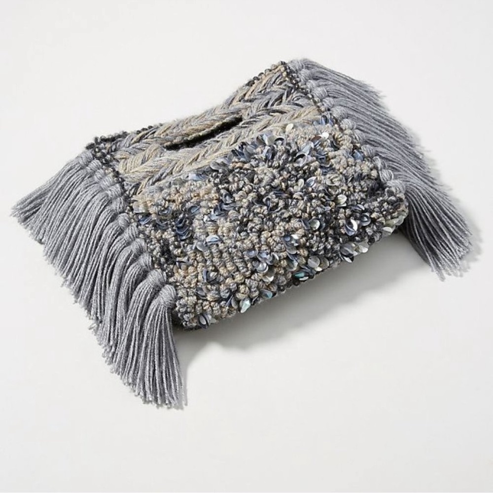 NEW Anthropologie Milo Embellished Sequins Chunky Knit Fringe Clutch gray color